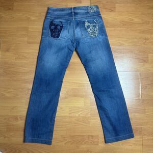 NFY No. 866 Womens Straight Leg Embroidered Skulls Jeans Size 32 Used Wash Italy